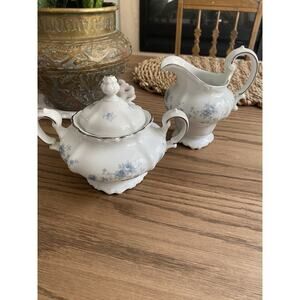 Johann Haviland Bavaria Germany Blue Garland Creamer & Covered Sugar Bowl